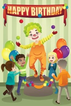 A vector illustration of a birthday party with a clown