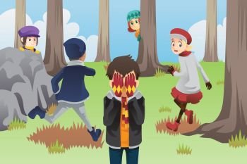 A vector illustration of kids playing hide and seek in the park