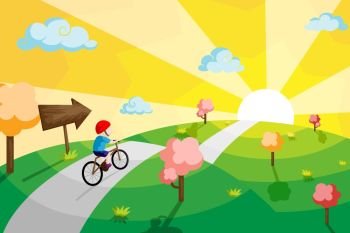 A vector illustration of a kid riding a bicycle in a countryside