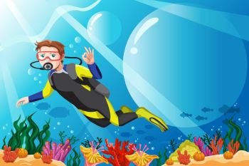 A vector illustration of a scuba diver diving in the ocean