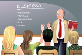A vector illustration of a business class teacher or professor teaching in college class