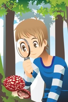 A vector illustration of a boy looking through a magnifying glass exploring wild mushroom in the forest