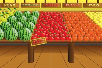 A vector illustration of grocery store produce aisle