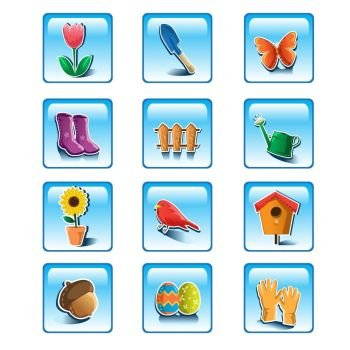 A vector illustration of colorful spring gardening icon sets 