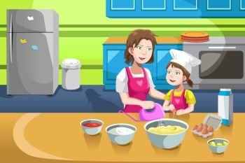 A vector illustration of mother and her daughter baking in the kitchen
