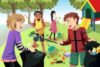 A vector illustration of kids volunteering by cleaning up the park