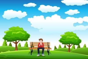 A vector illustration of a man sitting on the bench in a park alone
