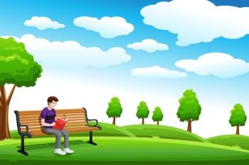 A vector illustration of a man reading a book in a park alone