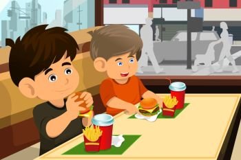 A vector illustration of happy kids eating a hamburger and fries in a fast food restaurant