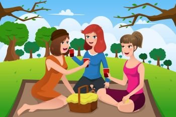 A vector illustration of group of young women having picnic in a park together