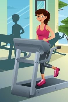 A vector illustration of a young beautiful woman running on a treadmill in a gym