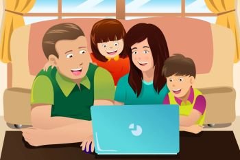 A vector illustration of happy family looking at a laptop