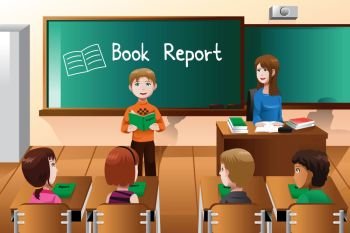 A vector illustration of student doing a book report in front of the class