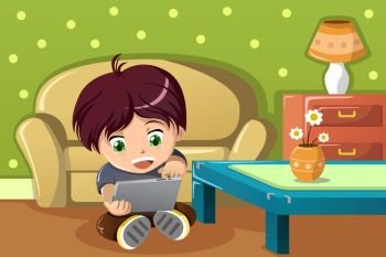 A vector illustration of cute boy using a tablet PC in the living room