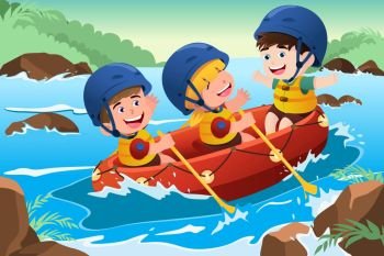 A vector illustration of three happy kids on boat