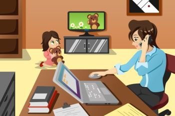 A vector illustration of mother working in the office while her daughter watching television