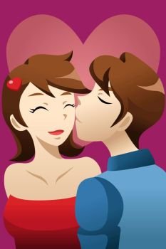 A vector illustration of young man kissing his girlfriend 