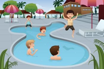 A vector illustration of happy kids playing in an outdoor swimming pool at a resort