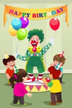 A vector illustration of Clown carrying balloons to kids birthday party