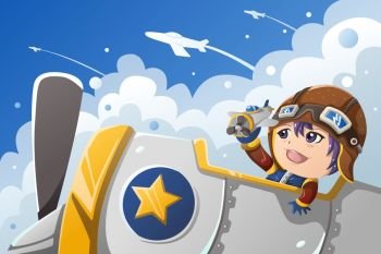 A vector illustration of little boy playing with an airplane for imagination concept