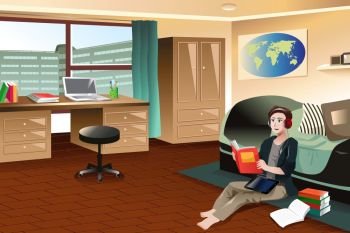 A vector illustration of college student studying while listening to music in a dorm room