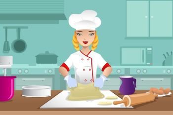 A vector illustration of baker making dough in the kitchen 