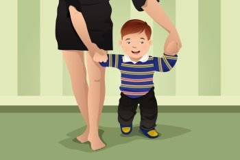 A vector illustration of  mother helping her baby boy learning to walk