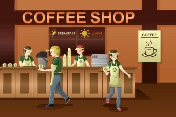 A vector illustration of people working in a coffee shop