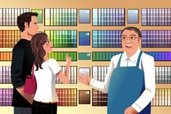 A vector illustration of couple choosing paint in a hardware store