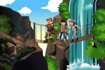 A vector illustration of happy kids on an adventure trip