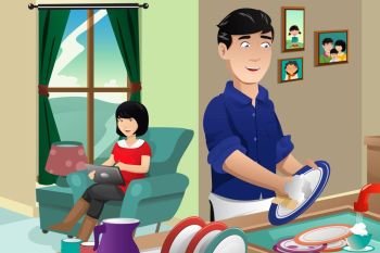 A vector illustration of husband washing dishes while wife using tablet PC