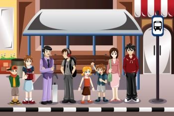 A vector illustration of people waiting for a bus in a bus stop