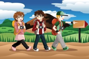 A vector illustration of children carrying camera and backpack going on an adventure