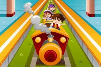 A vector illustration of happy kids riding a train