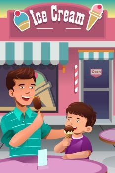 A vector illustration of father and son eating ice cream in front of an ice cream store
