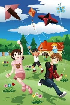 A vector illustration of active kids flying kite in the park