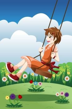 A vector illustration of happy girl playing swing in a park