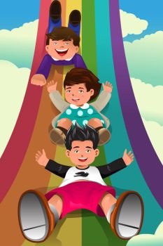 A vector illustration of cute children sliding down the rainbow