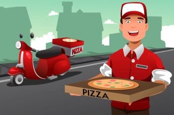 A vector illustration of man delivering pizza