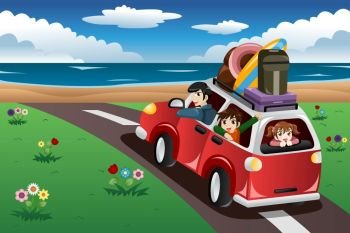 A vector illustration of happy family going on a beach vacation together