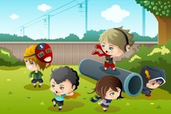 A vector illustration of group of happy kids playing in the park together