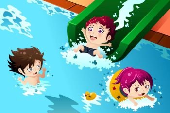 A vector illustration of happy kids having fun in the swimming pool