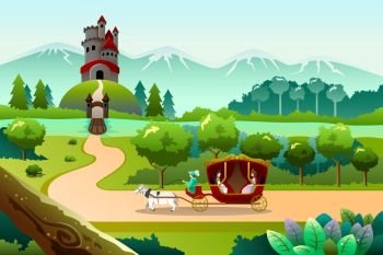 A vector illustration of prince and princess riding a wagon pulled by a horse going to a castle