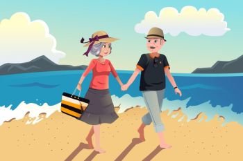 A vector illustration of senior couple walking on the beach