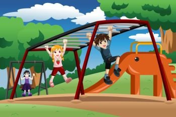 A vector illustration of happy kids playing on a monkey bar at the playground