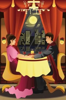 A vector illustration of young couple having dinner at restaurant
