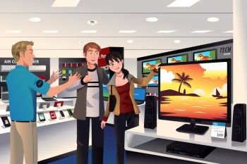 A vector illustration of a couple buying TV in a big electronic store