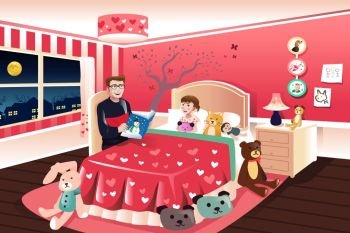 A vector illustration of father reading a bedtime story to his daughter