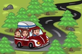A vector illustration of happy family on a road trip