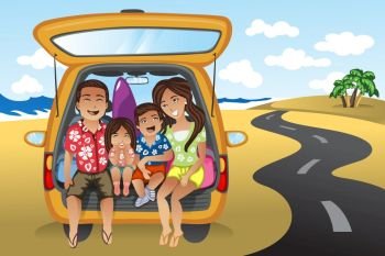A vector illustration of happy family on a road trip 